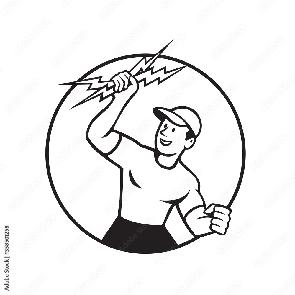 Electrician Holding Up Lightning Bolt Circle Cartoon Black and White Electrician Holding Up Lightning Bolt Circle Cartoon Black and White