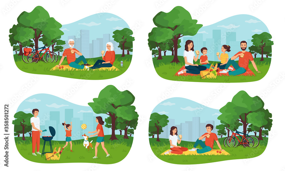The concept of a happy family having a picnic in a city park spending time together outdoors. Young, adults, seniors, children with a picnic basket. Set of isolated cartoon vector illustrations. The concept of a happy family having a picnic in a city park spending time together outdoors. Young, adults, seniors, children with a picnic basket. Set of isolated cartoon vector illustrations.