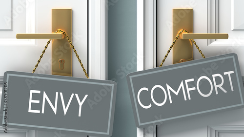 Fotografija comfort or envy as a choice in life - pictured as words envy, comfort on doors t