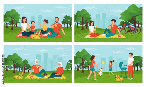 The concept of a happy family having a picnic in a city park, spending time outdoors together, active weekend. Young, adults, seniors, children with a picnic basket. Set of cartoon vector illustration