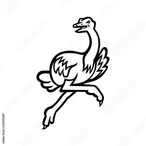 Ostrich Running at Full Speed Side View Mascot Black and White
