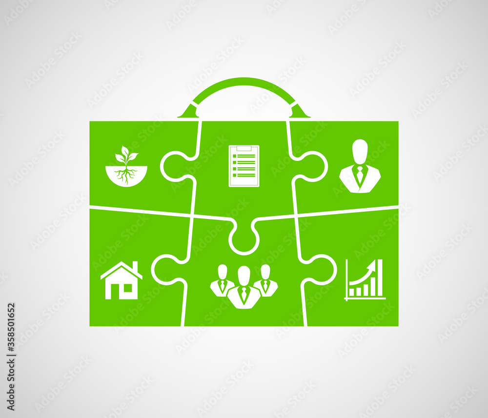Business briefcase. Six steps of a successful person. Infographic process diagram presentation. Puzzle suitcase with different icons. Compare service banner. Design shape form Business briefcase. Six steps of a successful person. Infographic process diagram presentation. Puzzle suitcase with different icons. Compare service banner. Design shape form