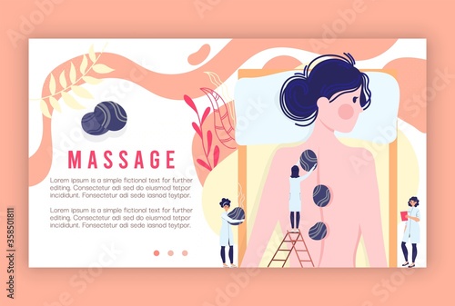 Massage procedures service vector illustration. Cartoon flat tiny masseurs character give massage, spa therapy treatments to beautiful client woman in beauty salon, body care healthy lifestyle banner