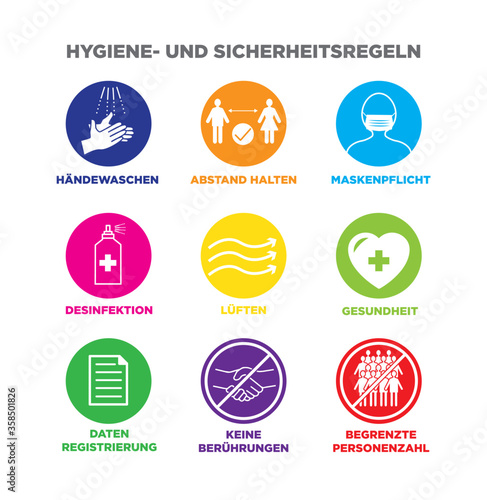 Icon set Iconset Hygiene und Sicherheit Regeln
Händewaschen Abstand halten Maskenpflicht Desinfektion lüften Gesundheit Datenregistrierung Handschlag Händedruck brühren begrenzte limitierte Personen photo