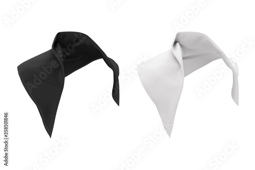 3d illustration of a realistic scarf, neckerchief, bandana on the shoulders. Template, mockup of clothing, accessories of black and white color. Presentation of print design model, logo, branding.