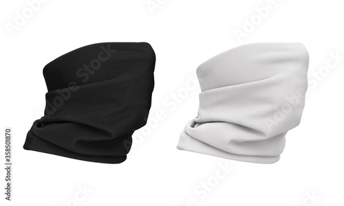 3d illustration of a buff wearing a face. Bandana, scarf, buff, neckscarf. 3d template in white and black color. Mockup for design, logo, branding. Option to wear a buff.