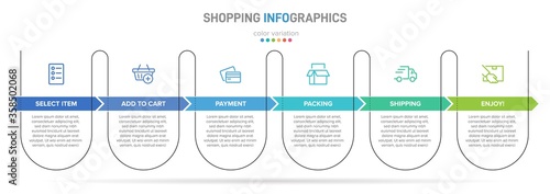 Concept of shopping process with 6 successive steps. Six colorful graphic elements. Timeline design for brochure, presentation, web site. Infographic design layout.