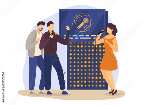 Group together people character female male sing karaoke song old music machine isolated on white, flat vector illustration. Cheerful party voice musical accompaniment, dance calm melody.