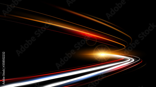 Vector illustration of dynamic lights speed road in dark background. Long exposure car light trails in road tunnel. Night time abstraction.
