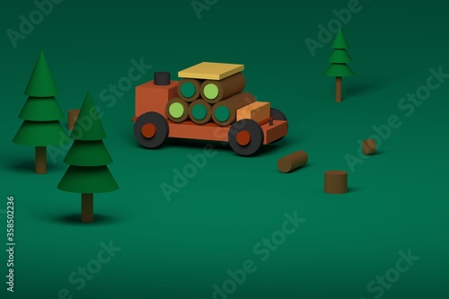 Toy truck with trees 3d rendering illustration