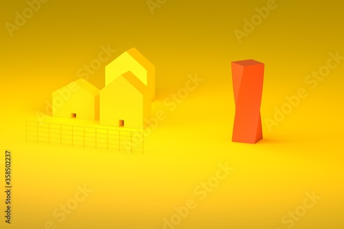 Yellow farm with red modern building 3d rendering illustration