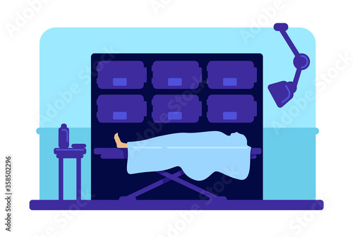 Body in hospital morgue flat color vector illustration