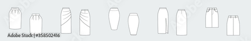 Skirts. Set of female vector templates isolated on a grey background. Front and back view. Outline fashion technical sketch of clothes model.