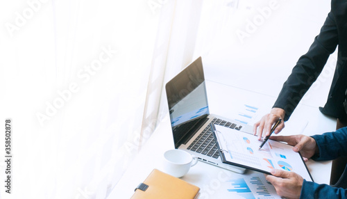 Bussiness Man using, working on laptop with blank screen in meeting room. Business People Meeting Design Ideas professional investor working new start up project. Concept. business planning in office.