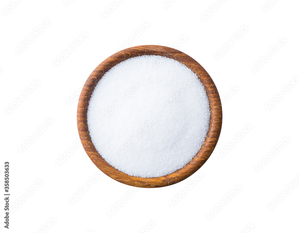 Heap of erythritol isolated on white background. Top view. Sugar substitute on white background. Wooden bowl of erythritis isolated on white background. Sweetener in wooden bowl for cooking, isolated. Heap of erythritol isolated on white background. Top view. Sugar substitute on white background. Wooden bowl of erythritis isolated on white background. Sweetener in wooden bowl for cooking, isolated.