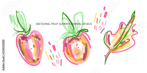 Set of creative universal doodles fruits on a white background isolated in bold art color. Fun design elements with marker and ink textures vector graphics