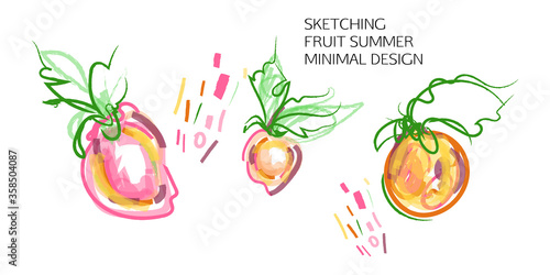 Set of creative universal doodles fruits on a white background isolated in bold art color. Fun design elements with marker and ink textures vector graphics