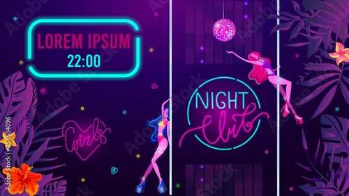 Night club invitation with girls, disco music glow, bright light vector illustration. Sexy girls dancing in disco bodysuit. Party or performance poster of nightclub glowing neon electric lights.