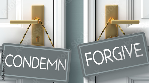 forgive or condemn as a choice in life - pictured as words condemn, forgive on doors to show that condemn and forgive are different options to choose from, 3d illustration