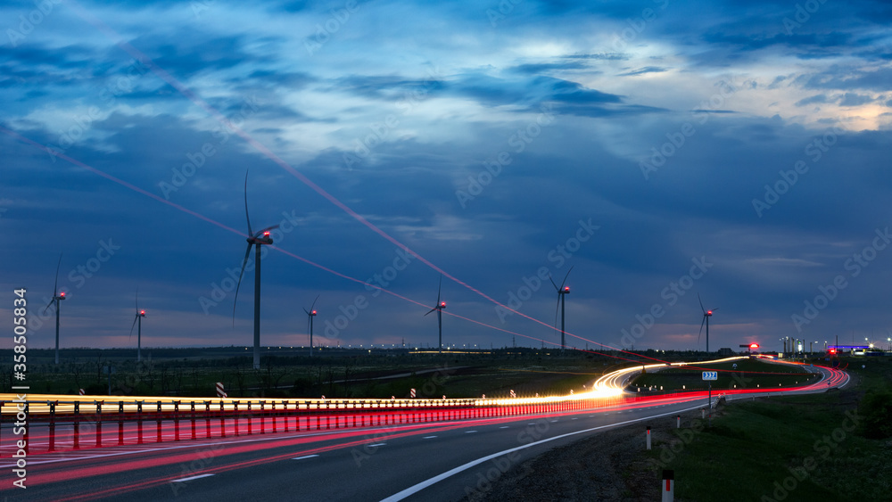 Wind generators, trassers, lights, twilight