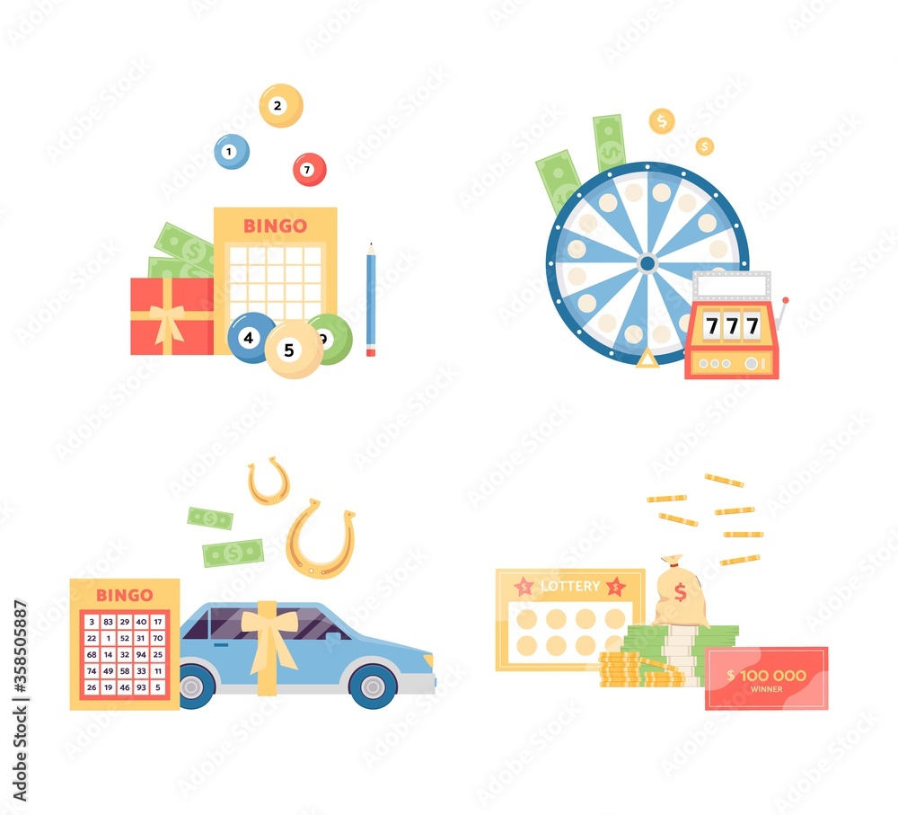 Wheel of fortune and bingo lottery icons set, flat vector illustration isolated. Wheel of fortune and bingo lottery icons set, flat vector illustration isolated.