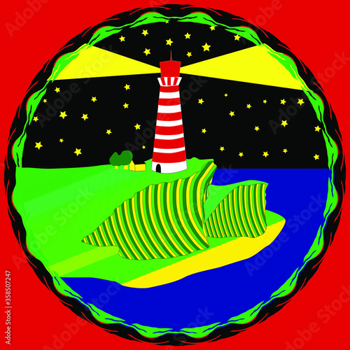 Seascape, island with a cliff and a lighthouse in the middle of the night on the island. Lighthouse on the island.