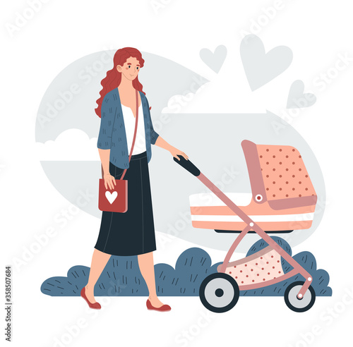 Young character mother walking baby stroller natural ecology clean outdoor park isolated on white, flat vector illustration. Woman mom stroll with little infant, female carry hand bag.