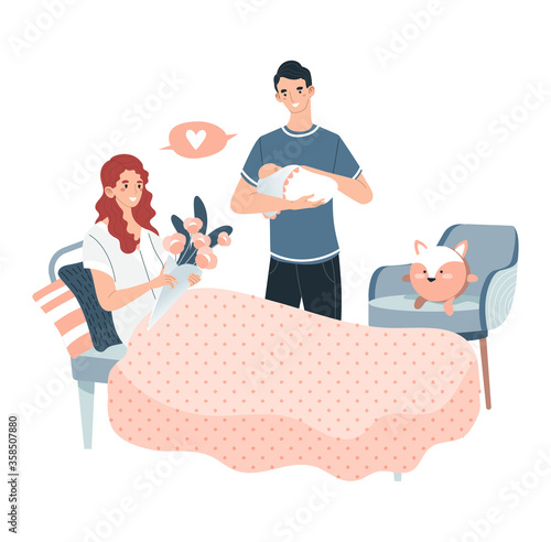 Postpartum medical ward, lovely father hand hold newborn child mother carry flower and rest bed isolated on white, flat vector illustration. Medical hospital room chamber, young family character.