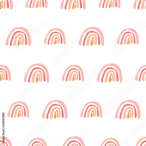 Seamless childish pattern with hand rainbows. Creative scandinavian texture for fabric, wrapping, textile, wallpaper, clothing. Vector flat illustration.