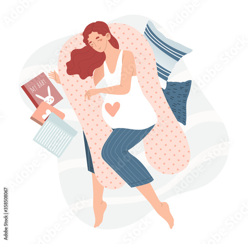 Late pregnancy date, woman character rest soft pillow read book textbook isolated on white, flat vector illustration. Young female awaiting birth child, gentle mattress for pregnant girl.