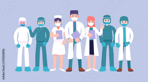 Coronavirus 2019, Group of medics, Doctors characters in white medical face mask, Stop Coronavirus concept, Medical team doctor nurse therapist surgeon professional hospital workers