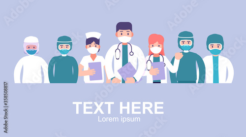 Coronavirus 2019, Group of medics, Doctors characters in white medical face mask, Stop Coronavirus concept, Medical team doctor nurse therapist surgeon professional hospital workers