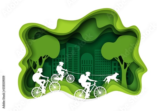 Family biking, vector layered paper cut style illustration. Happy family with backpacks riding bicycles, enjoying outdoor walking. Biking tourism, active weekend concept for poster, banner etc.