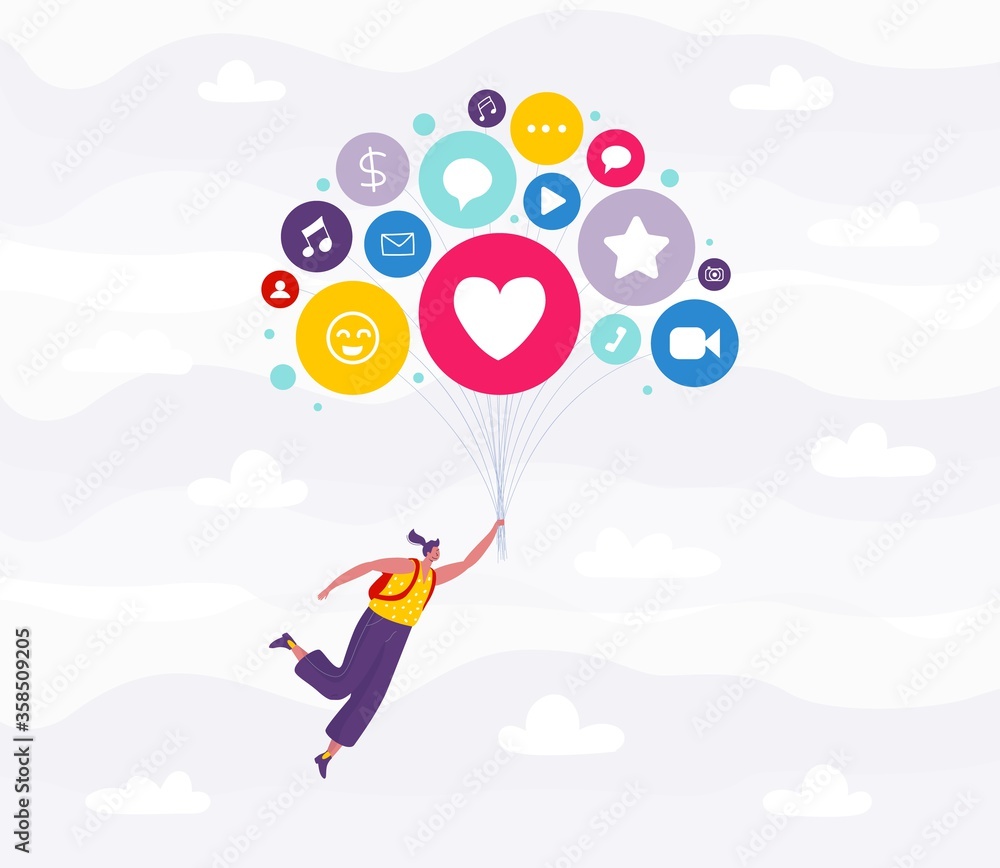 Social media flat concept vector illustration. Cartoon man influencer character flying on icons balloon from internet likes stars and messages of audience, social media marketing influence background Social media flat concept vector illustration. Cartoon man influencer character flying on icons balloon from internet likes stars and messages of audience, social media marketing influence background