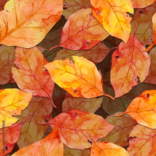 Golden fall leaves seamless pattern in watercolor style. Autumn background. Flat lay, top view.