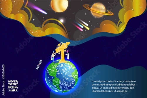 Space science vector illustration. Cartoon flat scientist astronomer characters studying space universe, planets or sputniks with telescope in observatory on Earth, lettering never stop looking up