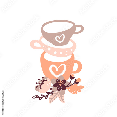 Vector vintage floral tea cup illustration for food blog. Hand drawn cute design element. For restaurant, cafe menu or banner, poster