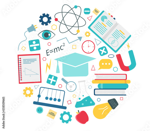 Education line round illustration. infographics design, web elements. Online education concept. Physics, chemistry, mathematics school subjects. Vector illustration in flat style