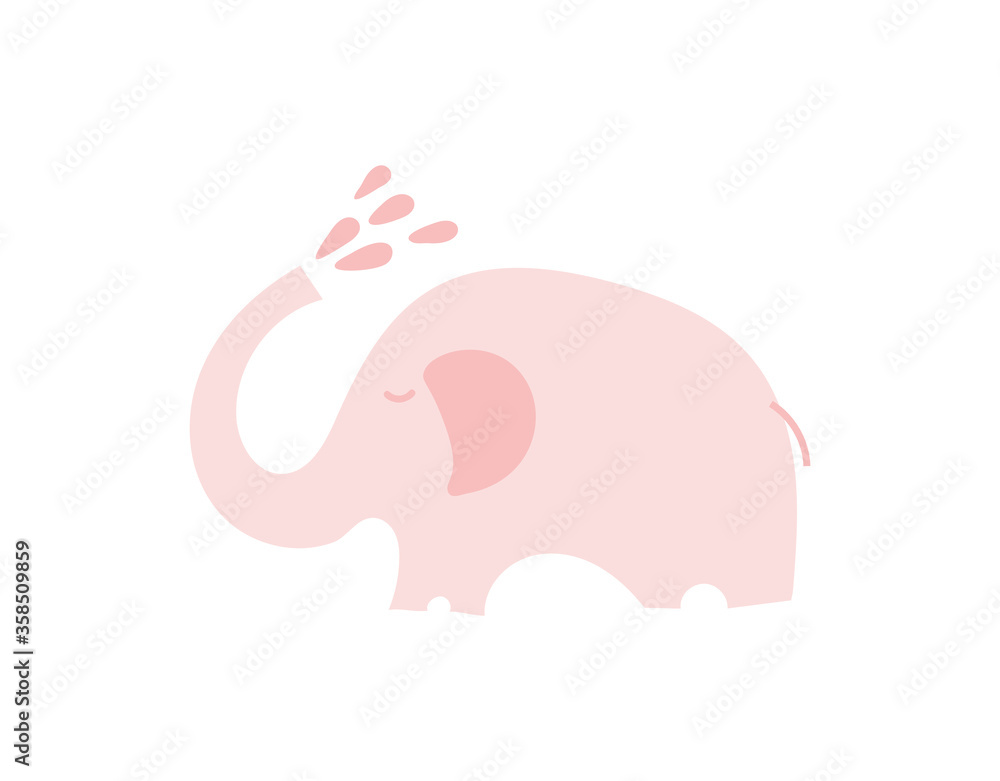 Cute pink elephant with with water drops. Scandinavian style. Baby illustration kids nursery art poster Cute pink elephant with with water drops. Scandinavian style. Baby illustration kids nursery art poster