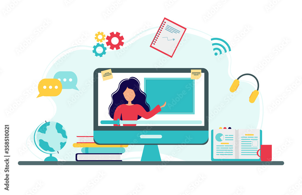 Online education concept. Icons for education, online learning infographics design, web elements. Screen with teacher. Vector illustration in flat style. Online education concept. Icons for education, online learning infographics design, web elements. Screen with teacher. Vector illustration in flat style.