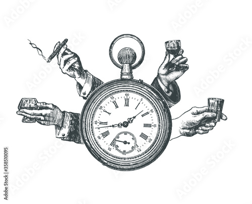 Retro Party Poster banner, invitation template design, party time concept. Antique pocket watch. Hands with alcohol drink. .Vintage vector lineart engraving style. Art Deco Gatsby Epoch