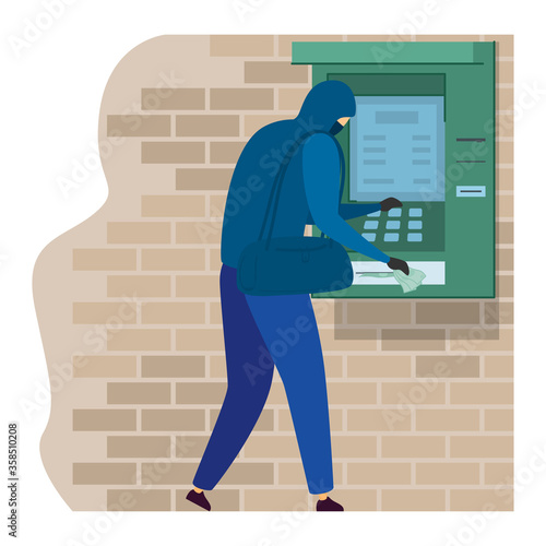 Character male black suspicious suit steal money from cash machine isolated on white, flat vector illustration. Atm banking place, breaking cashflow dispenser green finance machine brick wall.