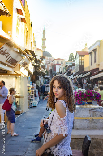  Rhodes, Greece - 10/07/2018: Tourist girl in Greece.