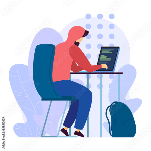 Digital hacker attack remote server, character male programming sitting laptop isolated on white, flat vector illustration. Man hacking personal data, hidden modern technology laptop computer.