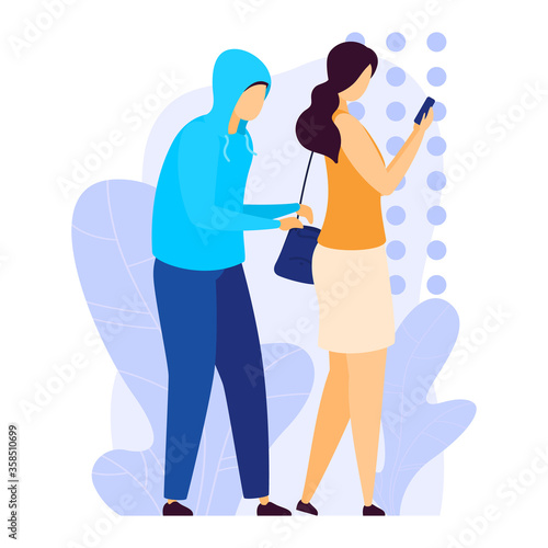 Street robber pickpocket steal money from woman handbag, character male thief cutpurse rob amount cash isolated on white, flat vector illustration. Female hold hand smartphone ignore burglar.