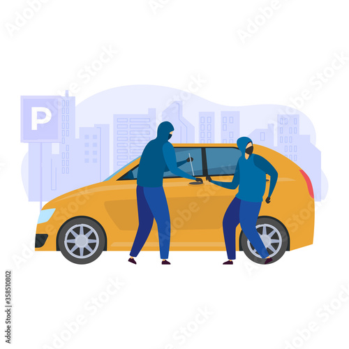Door breaking auto machine, male character with accomplice street robber isolated on white, flat vector illustration. Car theft city urban landscape. Reveal window vehicle doorway pick lock.