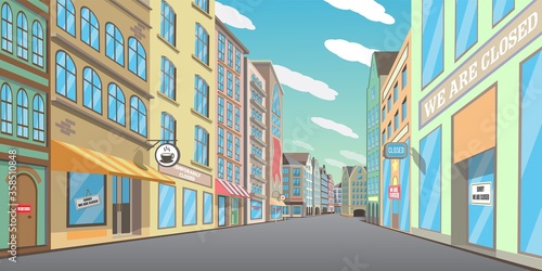 Empty downtown street, vector illustration. Beautiful pedestrian shopping street with closed shops, boutiques, restaurants, cafe. Quarantine, social distancing measures due to corona virus outbreak.