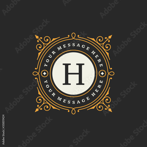 Vintage logo monogram template vector elegant flourishes ornaments with ornate frame border design
