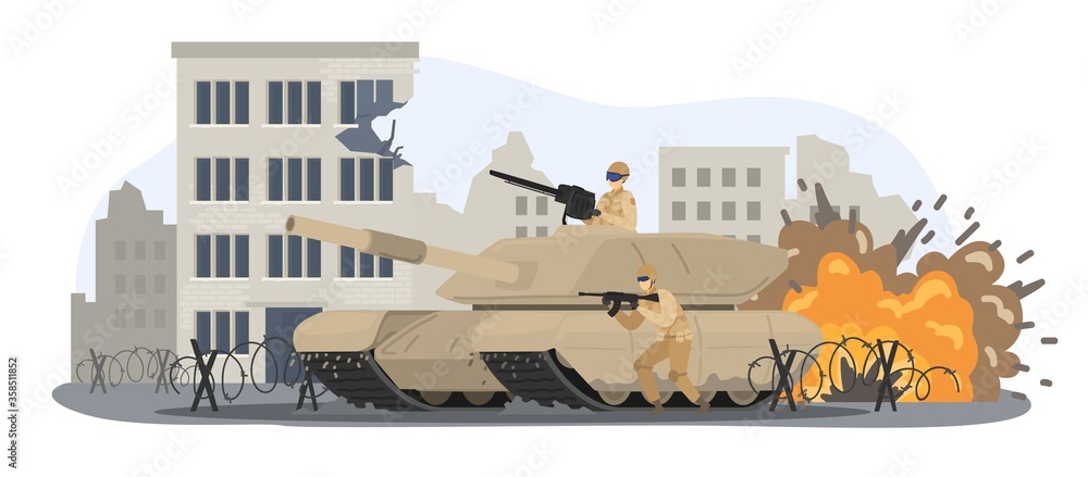 Military operation place, soldier ride war tank attack activity city urban landscape isolated on white, flat vector illustration. Destroyed town army maintenance, dangerous explosion.