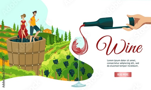 Wine making web banner vector illustration. Wine makers peasants harvesting on vineyard, crushing and pressing grapes in wooden barrel on vineyard landscape. Winery alcohol production, agriculture.